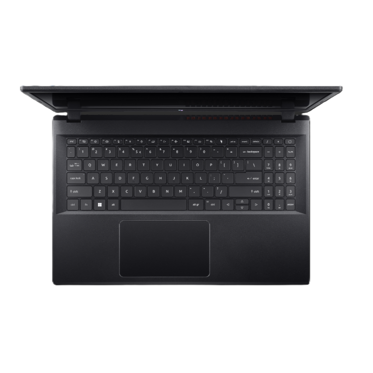Zgornji pogled na Acer Nitro, črna tipkovnica s številčnico, velik sledilnik in delno odprt pokrov.
