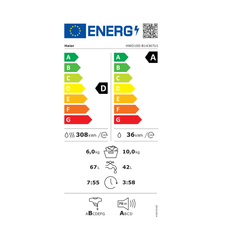 Energetska nalepka pralno-sušilnega stroja **Haier HWD100-B14367U1** prikazuje **energijski razred D pri pranju in sušenju** ter **energijski razred A samo pri pranju**, porabo **308 kWh na 100 ciklov pranja in sušenja** oziroma **36 kWh na 100 ciklov pranja**, zmogljivost **6 kg za pranje in sušenje** ter **10 kg za pranje**, porabo vode **67 l pri pranju in sušenju** oziroma **42 l pri pranju**, trajanje programa **7 ur in 55 minut pri pranju in sušenju** oziroma **3 ure in 58 minut pri pranju**, razred učinkovitosti ožemanja **B** ter raven hrupa **70 dB (razred hrupa A)**.