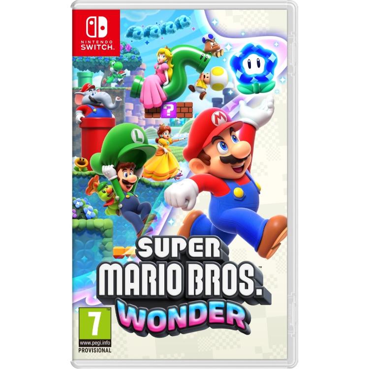 Igra Super Mario Bros. Wonder za Nintendo Switch v fizični embalaži, z liki Mario, Luigi, Peach, Daisy in drugimi junaki v barvitem platformskem svetu ter oznako PEGI 7.