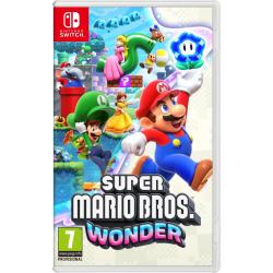 Igra Super Mario Bros. Wonder za Nintendo Switch v fizični embalaži, z liki Mario, Luigi, Peach, Daisy in drugimi junaki v barvitem platformskem svetu ter oznako PEGI 7.