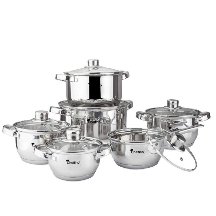Cheffino Palermo komplet posode iz nerjavečega jekla, 12‑delni set s steklenimi pokrovi.