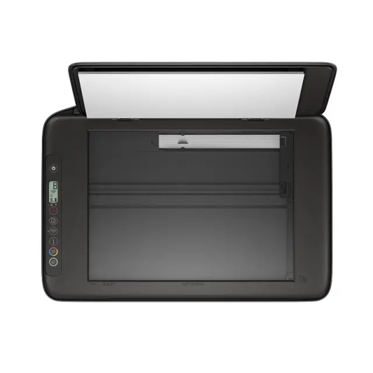 Notranjost HP DeskJet 2910 AIO z odprtim pokrovom, vidna steklena površina skenerja in upravljalna plošča
