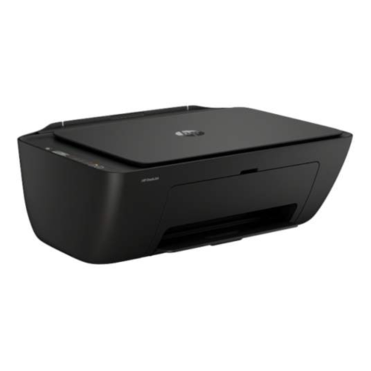 Črn tiskalnik HP DeskJet 2910 AIO pod kotom, kompakten dizajn, zgornji pokrov in sprednji izhodni pladenj