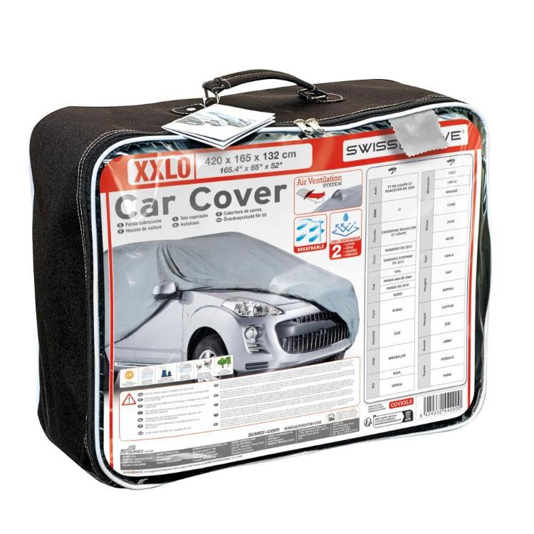 Torba XXL0 z embalažo “Car Cover”, z merami 420×165×132 cm in seznamom vozil.