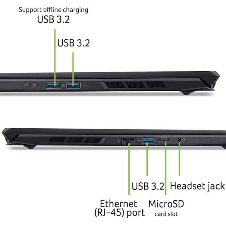 Stranski prikaz prenosnika Acer Nitro z vrati USB 3.2, Ethernet RJ‑45, microSD in priključkom za slušalke.