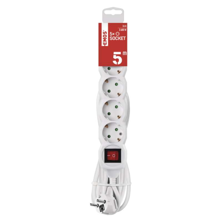 Podaljšek Emos 5 m / 5 vtičnic / s stikalom / beli / PVC / 1,5 mm2