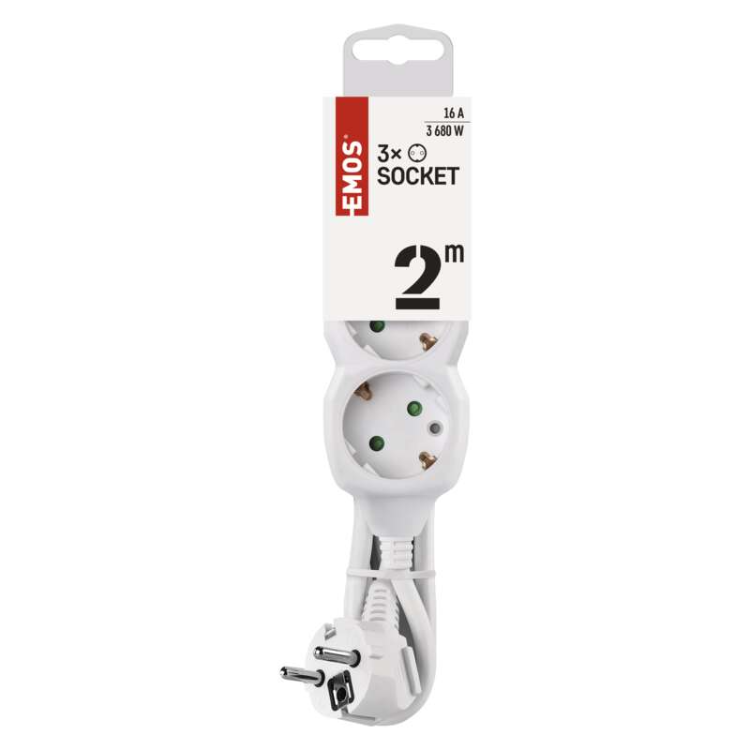 Podaljšek Emos 2 m / 3 vtičnice / beli / PVC / 1 mm2