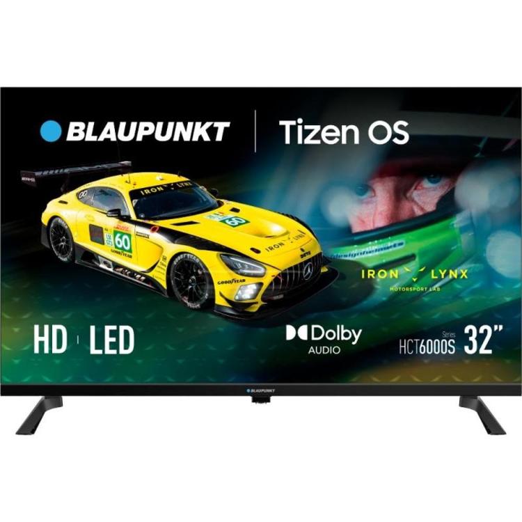 Blaupunkt 32″ HD LED TV HCT6000S, čelni pogled z ozkimi robovi in stranskima nogama, grafika Iron Lynx na zaslonu.