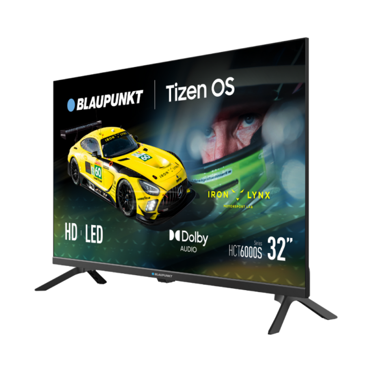 Blaupunkt 32″ HD LED TV HCT6000S, čelni pogled z ozkimi robovi in stranskima nogama, grafika Iron Lynx na zaslonu.