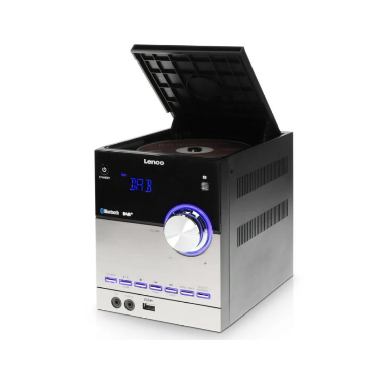 Glasbeni stolp Lenco z odprtim CD predvajalnikom, pogled od spredaj