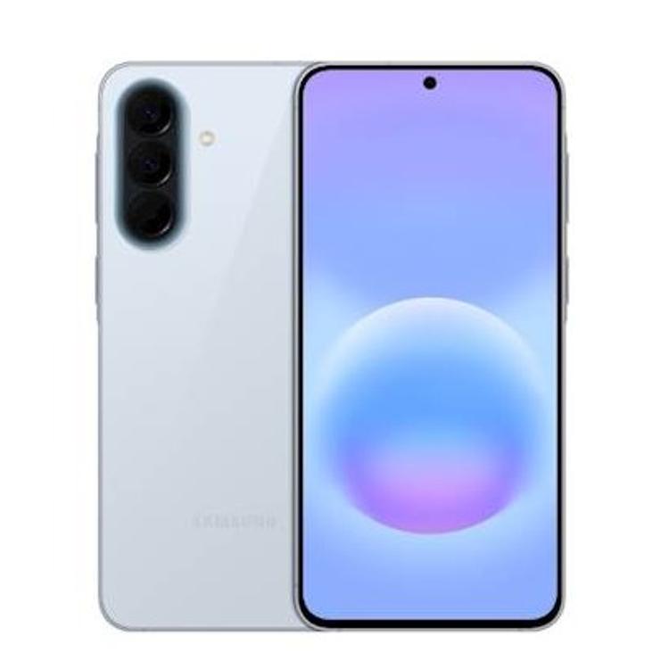 Sprednja in zadnja stran Samsung Galaxy v ledeno modri barvi, s trojno kamero in centrirano zaslonko.