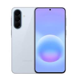 Sprednja in zadnja stran Samsung Galaxy v ledeno modri barvi, s trojno kamero in centrirano zaslonko.