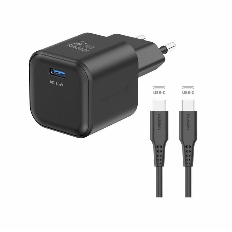 Hitri stenski polnilnik Swissten GaN 35 W v elegantni črni izvedbi z USB‑C priključkom in podporo Power Delivery omogoča učinkovito polnjenje pametnih telefonov, tablic, prenosnikov in drugih sodobnih naprav.