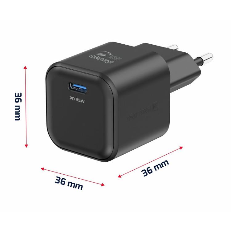 Swissten GaN 35 W z napredno tehnologijo galijevega nitrida (GaN), kompaktnimi dimenzijami 36 × 36 × 36 mm in priloženim USB‑C na USB‑C kablom dolžine 1,2 m združuje visoko zmogljivost, energetsko učinkovitost ter priročno uporabo doma, v pisarni ali na poti.