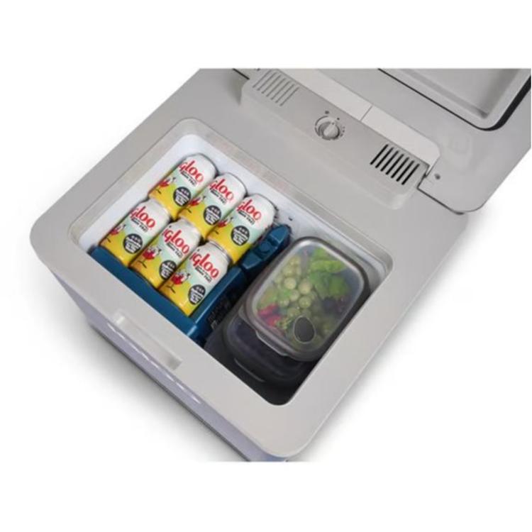 Notranjost Igloo hladilne torbe z ohlajenimi pločevinkami in posodo s hrano.