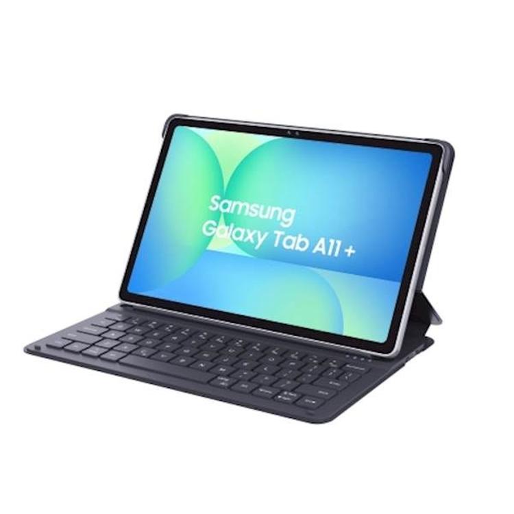 Samsung Galaxy Tab A11+ SM-X230 srebrne barve z zaščitnim ovitkom in priklopljeno tipkovnico.