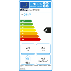 Energijska nalepka EU za De’Longhi PAC EM82K.1 z energijskim razredom A, hladilno močjo 2,4 kW, EER 2,6 in glasnostjo 63 dB