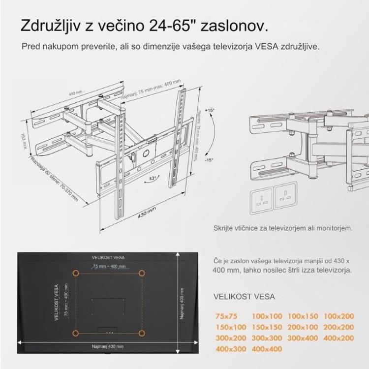 Pregibni TV stenski nosilec VonHaus 24-56'', do 45 kg