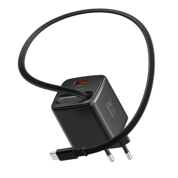 Polnilec SWISSTEN GaN, 1× USB-A 18 W + vgrajen USB‑C kabel 45 W, črn združuje kompaktno GaN tehnologijo, hitro polnjenje do 45 W in praktičen izvlečni USB‑C kabel, kar omogoča priročno in učinkovito polnjenje vaših naprav doma, v pisarni ali na poti.