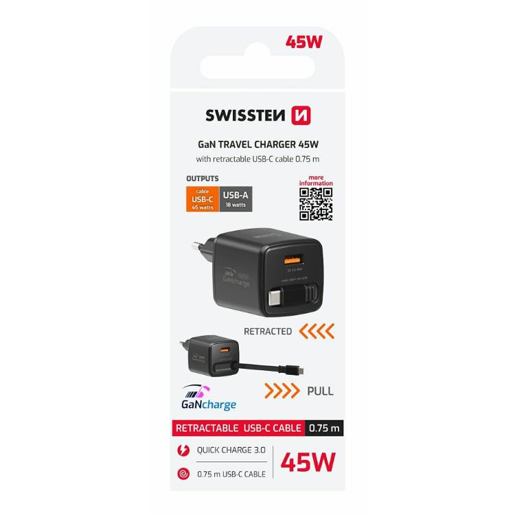 Polnilec SWISSTEN GaN, 1× USB-A 18 W + vgrajen USB‑C kabel 45 W, črn združuje kompaktno GaN tehnologijo, hitro polnjenje do 45 W in praktičen izvlečni USB‑C kabel, kar omogoča priročno in učinkovito polnjenje vaših naprav doma, v pisarni ali na poti.