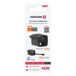 Polnilec SWISSTEN GaN, 1× USB-A 18 W + vgrajen USB‑C kabel 45 W, črn združuje kompaktno GaN tehnologijo, hitro polnjenje do 45 W in praktičen izvlečni USB‑C kabel, kar omogoča priročno in učinkovito polnjenje vaših naprav doma, v pisarni ali na poti.