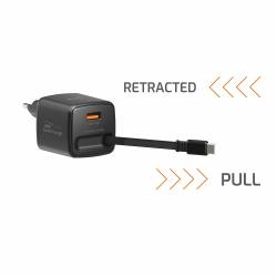 Polnilec SWISSTEN GaN, 1× USB-A 18 W + vgrajen USB‑C kabel 45 W, črn združuje kompaktno GaN tehnologijo, hitro polnjenje do 45 W in praktičen izvlečni USB‑C kabel, kar omogoča priročno in učinkovito polnjenje vaših naprav doma, v pisarni ali na poti.