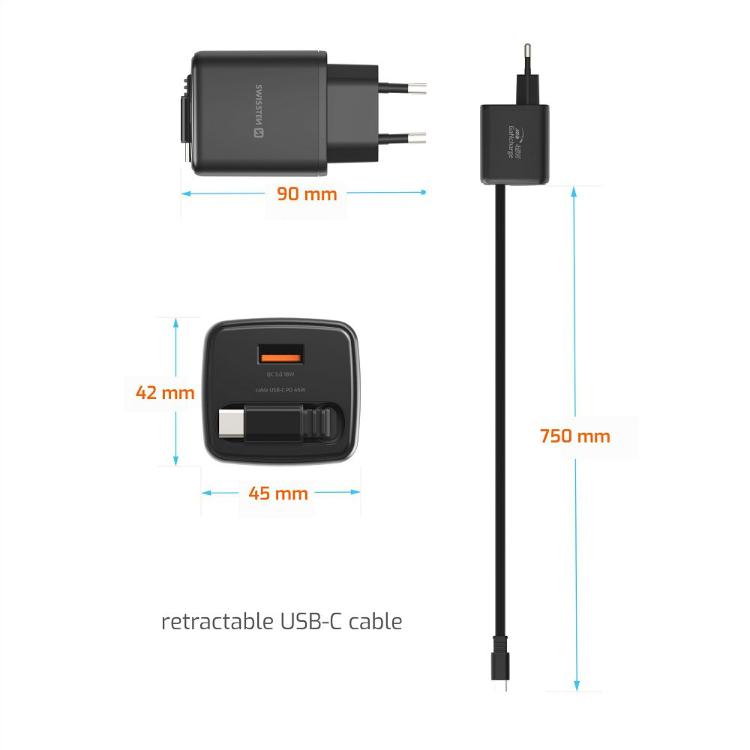 Polnilec SWISSTEN GaN, 1× USB-A 18 W + vgrajen USB‑C kabel 45 W, črn združuje kompaktno GaN tehnologijo, hitro polnjenje do 45 W in praktičen izvlečni USB‑C kabel, kar omogoča priročno in učinkovito polnjenje vaših naprav doma, v pisarni ali na poti.