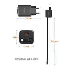 Polnilec SWISSTEN GaN, 1× USB-A 18 W + vgrajen USB‑C kabel 45 W, črn združuje kompaktno GaN tehnologijo, hitro polnjenje do 45 W in praktičen izvlečni USB‑C kabel, kar omogoča priročno in učinkovito polnjenje vaših naprav doma, v pisarni ali na poti.