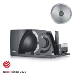 Električni rezalnik hrane z okroglim rezilom in nastavitvenim gumbom za debelino rezin