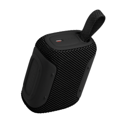 JBL GO5 črn zvočnik od zgoraj z USB‑C vhodom, gumiranim robom in tekstilnim trakom