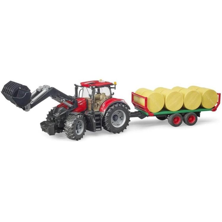 Igrača Bruder traktor Case IH Optum CVX, sprednja nakladalka, prikolica, 8 bal