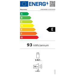 Energijska nalepka za hladilnik Electrolux LRB2AE88S z energijskim razredom E, letno porabo 93 kWh, prostornino 142 L in glasnostjo 36 dB.