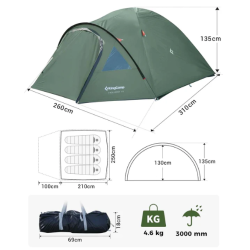 Shema dimenzij kamping šotora KingCamp Holiday IV z označenimi merami, kapaciteto za štiri osebe in nosilnostjo embalaže.
