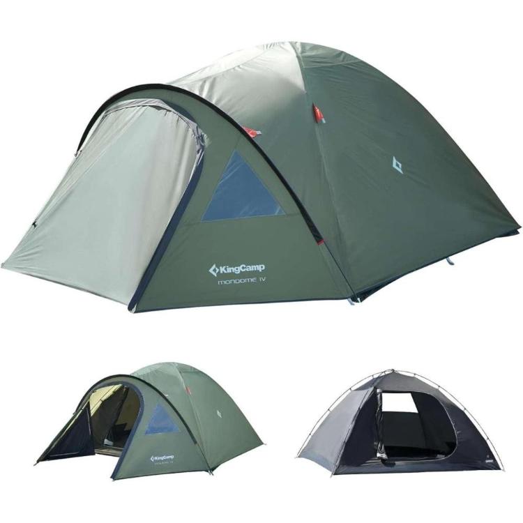 Kamping šotor KingCamp v olivno zeleni barvi, prikaz treh postavitev šotora in vhodov, na belem ozadju.