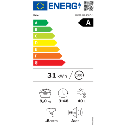 Energetska nalepka pralnega stroja **Haier HW90-B14367U1** prikazuje **energijski razred A**, porabo **31 kWh na 100 ciklov**, zmogljivost pranja **9 kg**, porabo vode **40 litrov na cikel**, trajanje programa Eco 40–60 **3 ure in 48 minut**, razred učinkovitosti ožemanja **B** ter raven hrupa **68 dB (razred hrupa A)**.