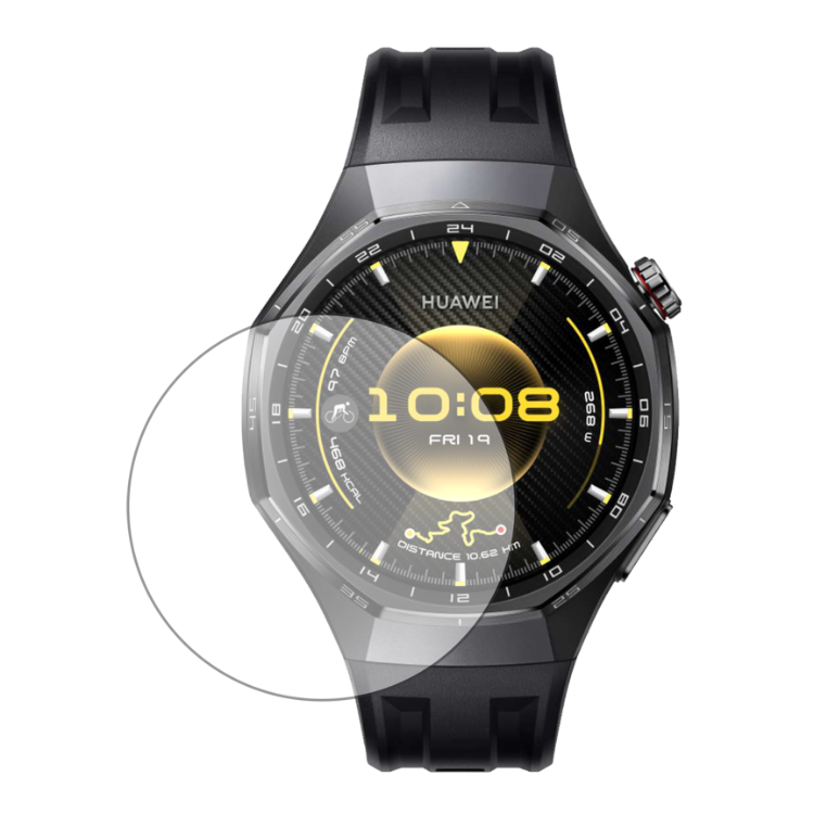 Prosojno zaščitno kaljeno steklo za pametno uro Huawei Watch GT6 Pro 46 mm, prikazano na zaslonu ure.