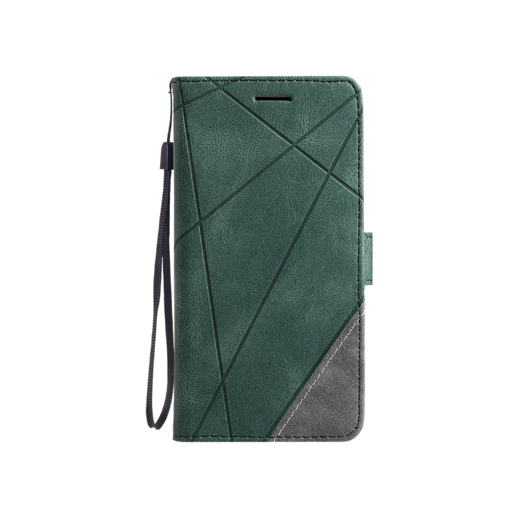 Zelena preklopna torbica za Samsung Galaxy A27 5G z geometrijskim vzorcem, magnetnim zapiranjem in snemljivo zapestno vrvico nudi celovito zaščito ter eleganten videz.