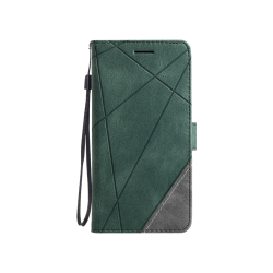 Zelena preklopna torbica za Samsung Galaxy A27 5G z geometrijskim vzorcem, magnetnim zapiranjem in snemljivo zapestno vrvico nudi celovito zaščito ter eleganten videz.