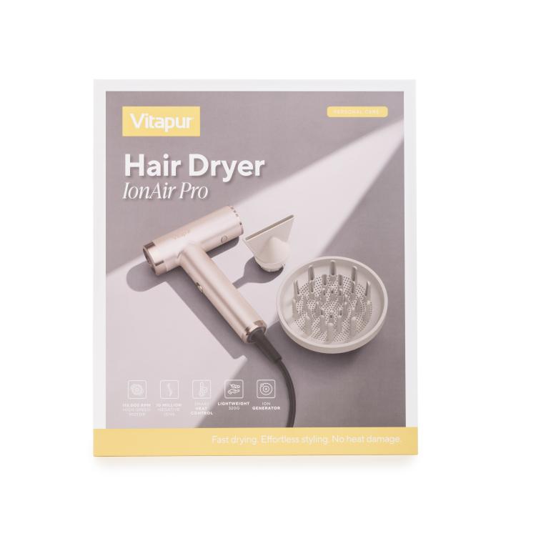Embalaža Vitapur Hair Dryer IonAir Pro s sušilnikom in nastavkoma za oblikovanje ter sušenje las.