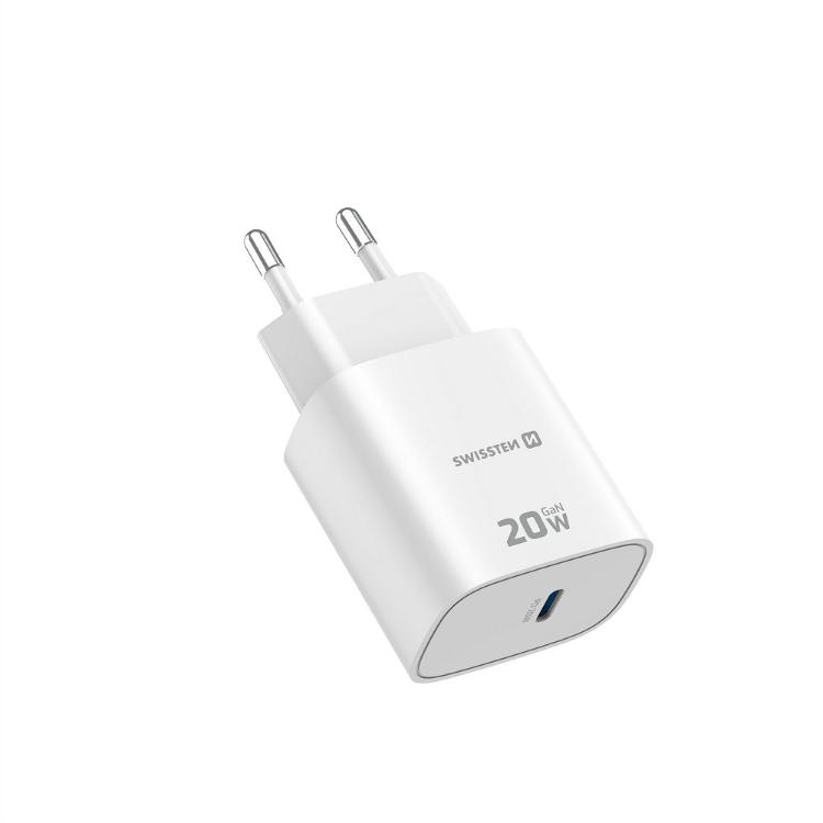 Kompaktni USB‑C polnilnik Swissten Edge GaN 20 W v beli barvi z minimalističnim dizajnom in podporo Power Delivery zagotavlja varno, hitro ter zanesljivo napajanje sodobnih elektronskih naprav.