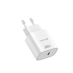 Kompaktni USB‑C polnilnik Swissten Edge GaN 20 W v beli barvi z minimalističnim dizajnom in podporo Power Delivery zagotavlja varno, hitro ter zanesljivo napajanje sodobnih elektronskih naprav.