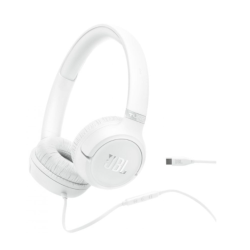 Bele žične slušalke JBL z USB‑C kablom, mehke blazinice in čist, minimalističen dizajn.