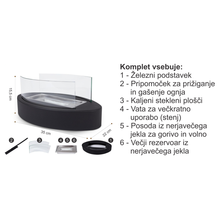 Namizni kamin na bioetanol Chameleon LLW-OTF01, ovalni, črn