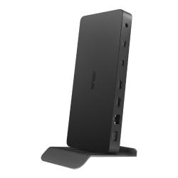 ASUS univerzalna priklopna postaja z elegantnim črnim ohišjem, navpično postavitvijo in bogatim naborom priključkov, vključno z USB-C, HDMI, RJ-45 in USB-A, omogoča enostavno razširitev povezljivosti ter urejeno delovno okolje doma ali v pisarni.