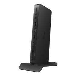 ASUS dock z elegantnim črnim ohišjem, možnostjo pokončne postavitve in široko združljivostjo zagotavlja priročno povezovanje, hitro prenašanje podatkov in večjo produktivnost doma ali v pisarni.