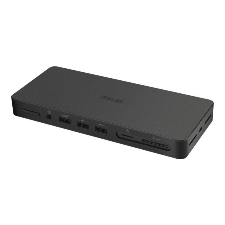 ASUS univerzalna priklopna postaja z bogatim naborom priključkov, vključno z USB-C, HDMI, USB-A, omrežnim priključkom RJ-45 in čitalnikom kartic, omogoča enostavno razširitev povezljivosti prenosnika z enim samim kablom.
