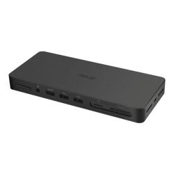 ASUS univerzalna priklopna postaja z bogatim naborom priključkov, vključno z USB-C, HDMI, USB-A, omrežnim priključkom RJ-45 in čitalnikom kartic, omogoča enostavno razširitev povezljivosti prenosnika z enim samim kablom.