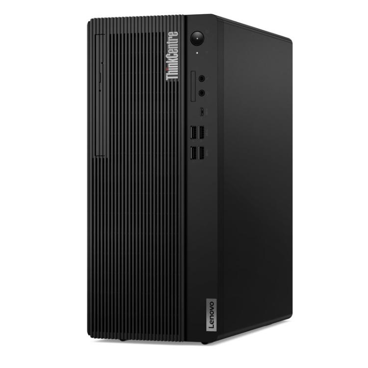 Lenovo ThinkCentre v črnem ohišju, prikazan pod kotom s sprednjimi USB priključki, avdio vhodi in optičnim pogonom.