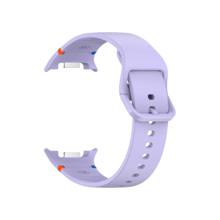 Vijoličen silikonski pašček Samsung Stitch za Galaxy Watch, mehak material, barvni detajli in klasična zaponka.