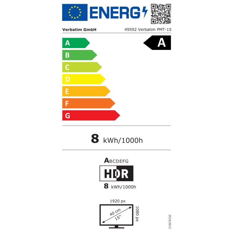 EU energijska nalepka monitorja Verbatim PMT‑15, razred A, poraba 8 kWh/1000h, ločljivost 1920×1080, 15".